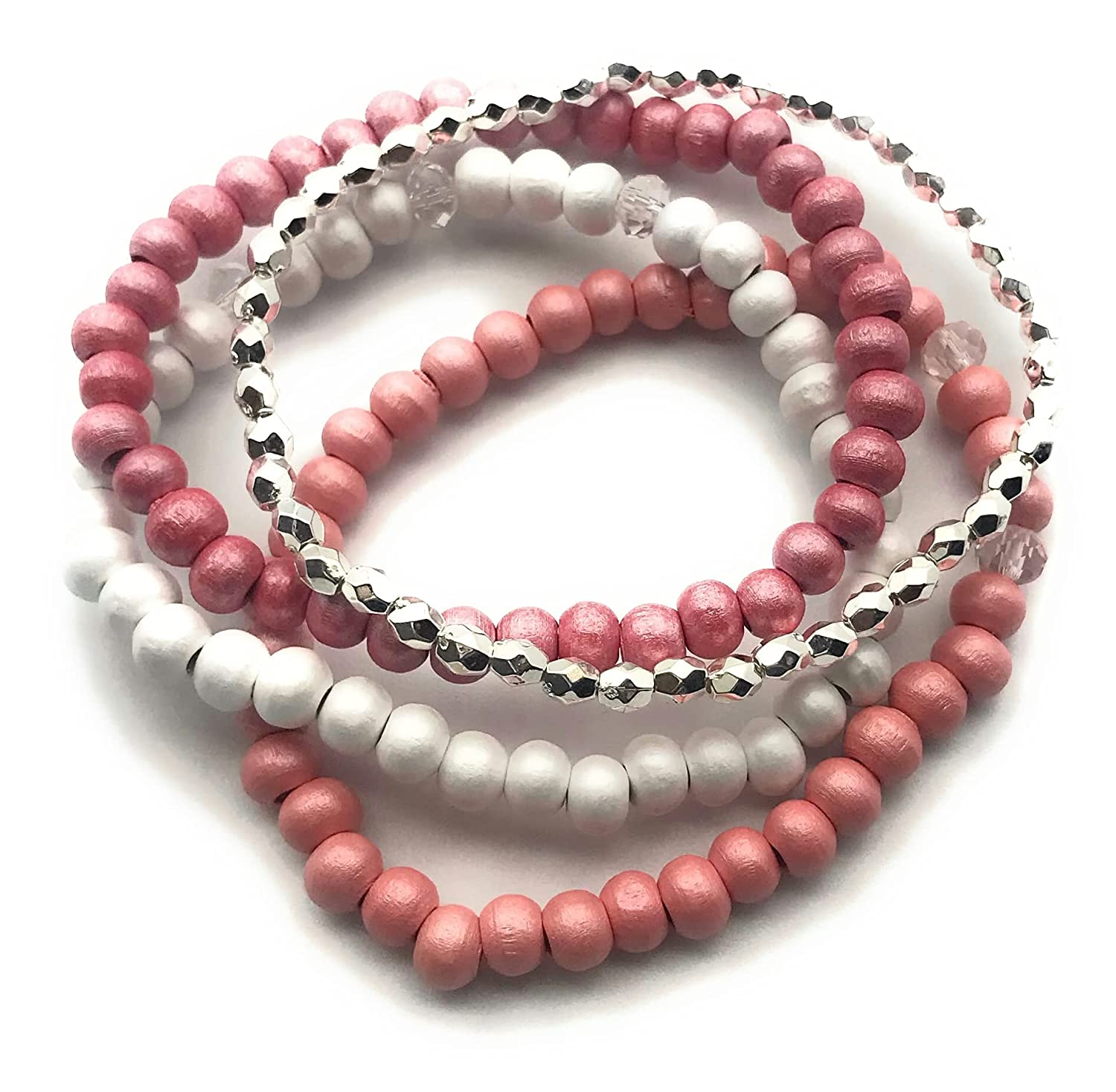 Pink and Silver Set of 4 Wooden Beaded Stretch Bracelets from Scott D Jewelry Designs