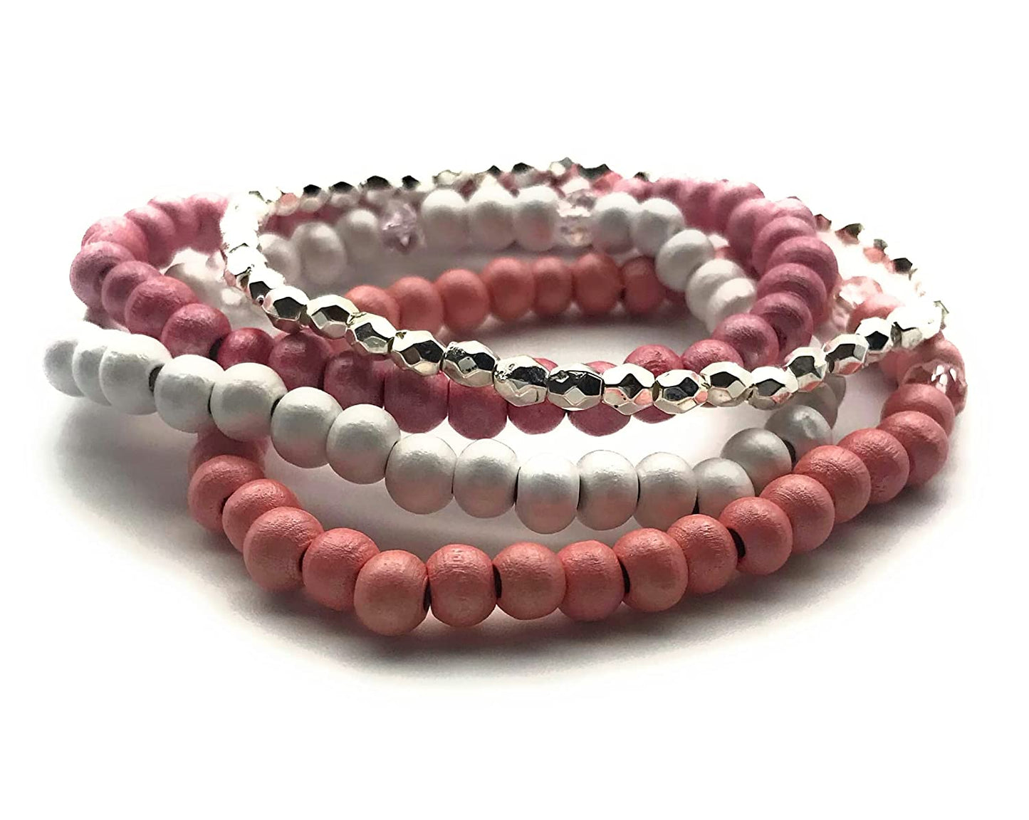 Pink and Silver Set of 4 Wooden Beaded Stretch Bracelets Side View from Scott D Jewelry Designs