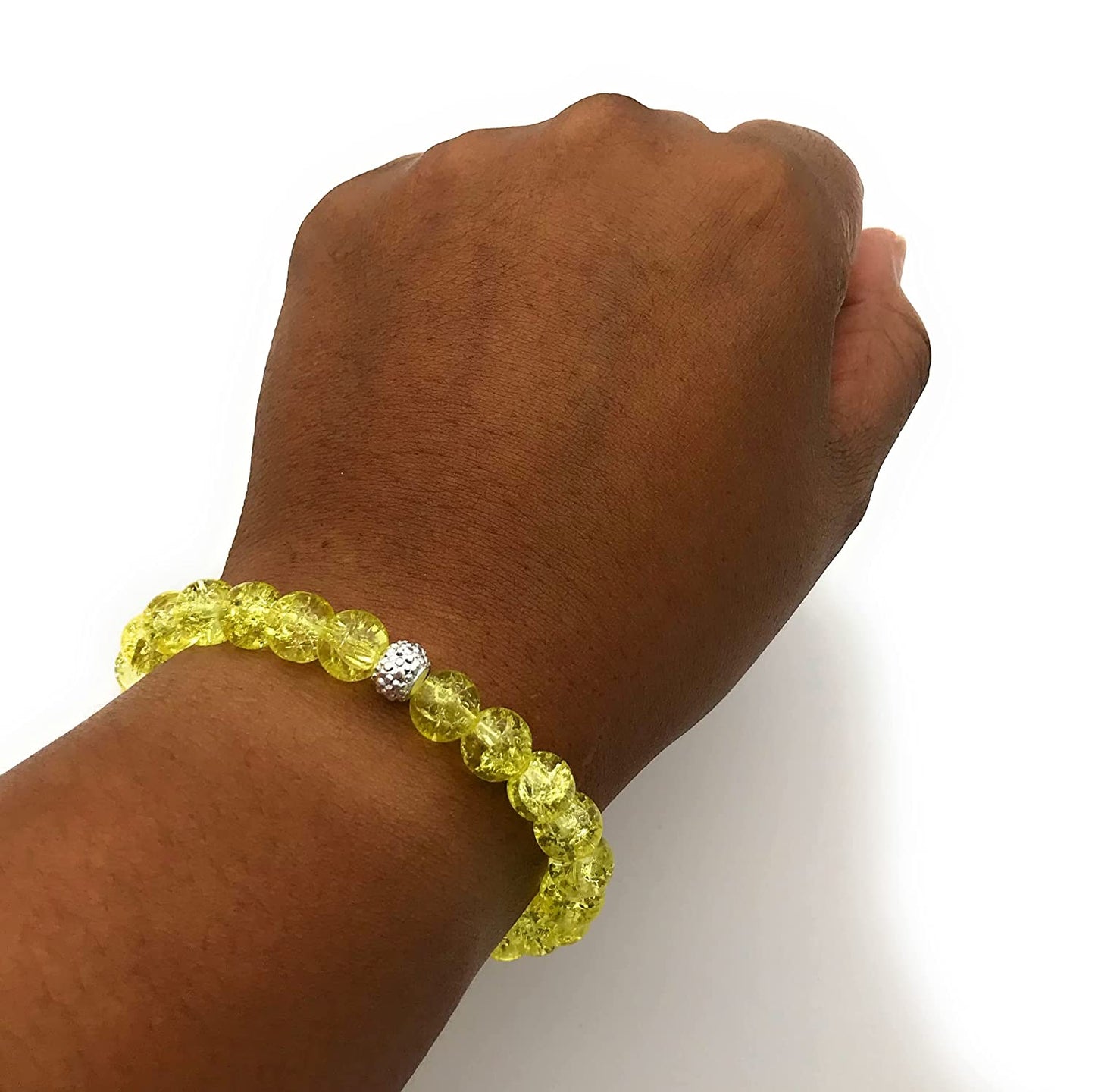 Yellow Crackle Beaded Stretch Bracelet with Sparkle Beaded Accent Displayed on Wrist from Scott D Jewelry