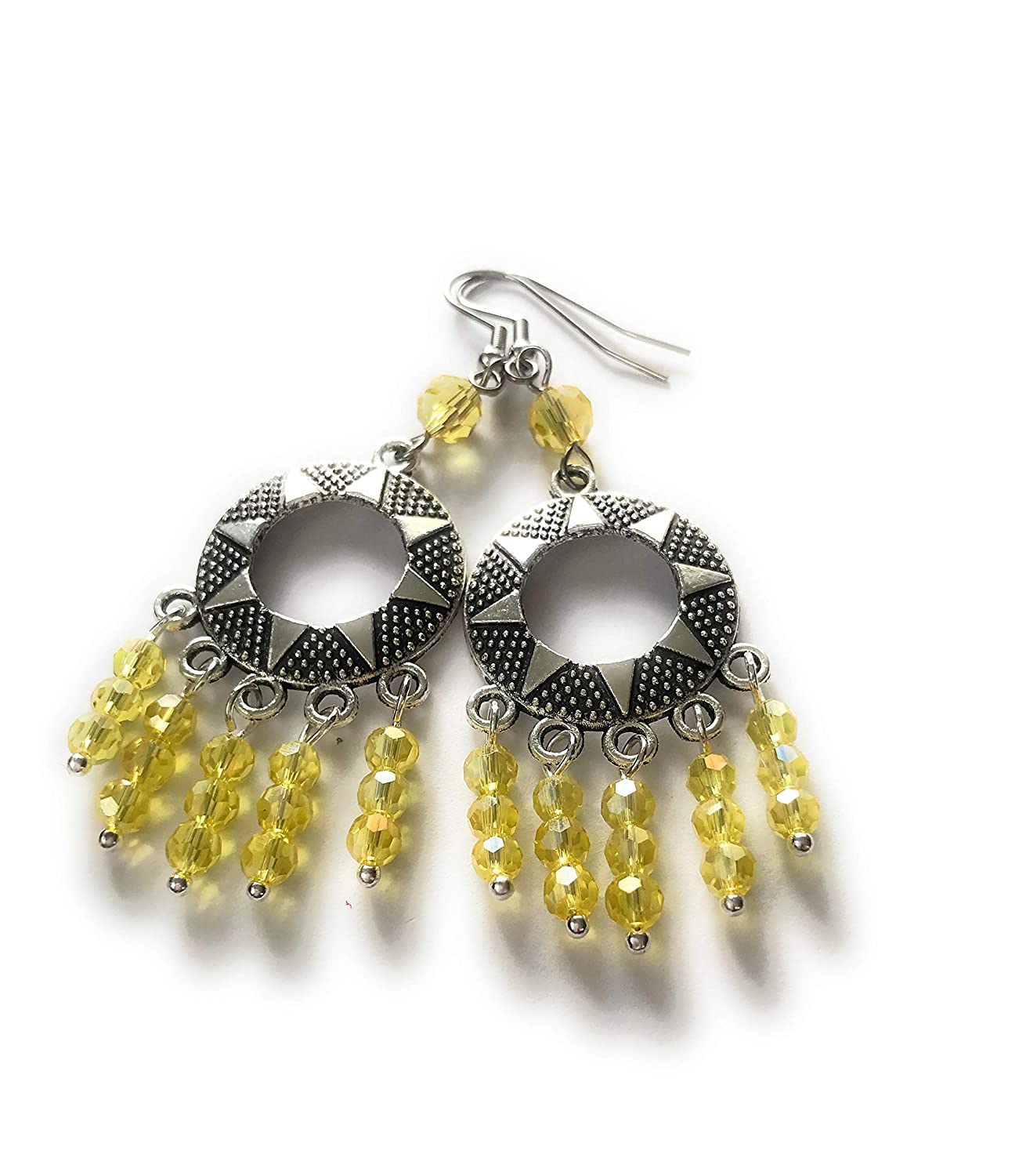 Yellow Beaded Sun Charm Chandelier Earrings Side by Side View from Scott D Jewelry Designs