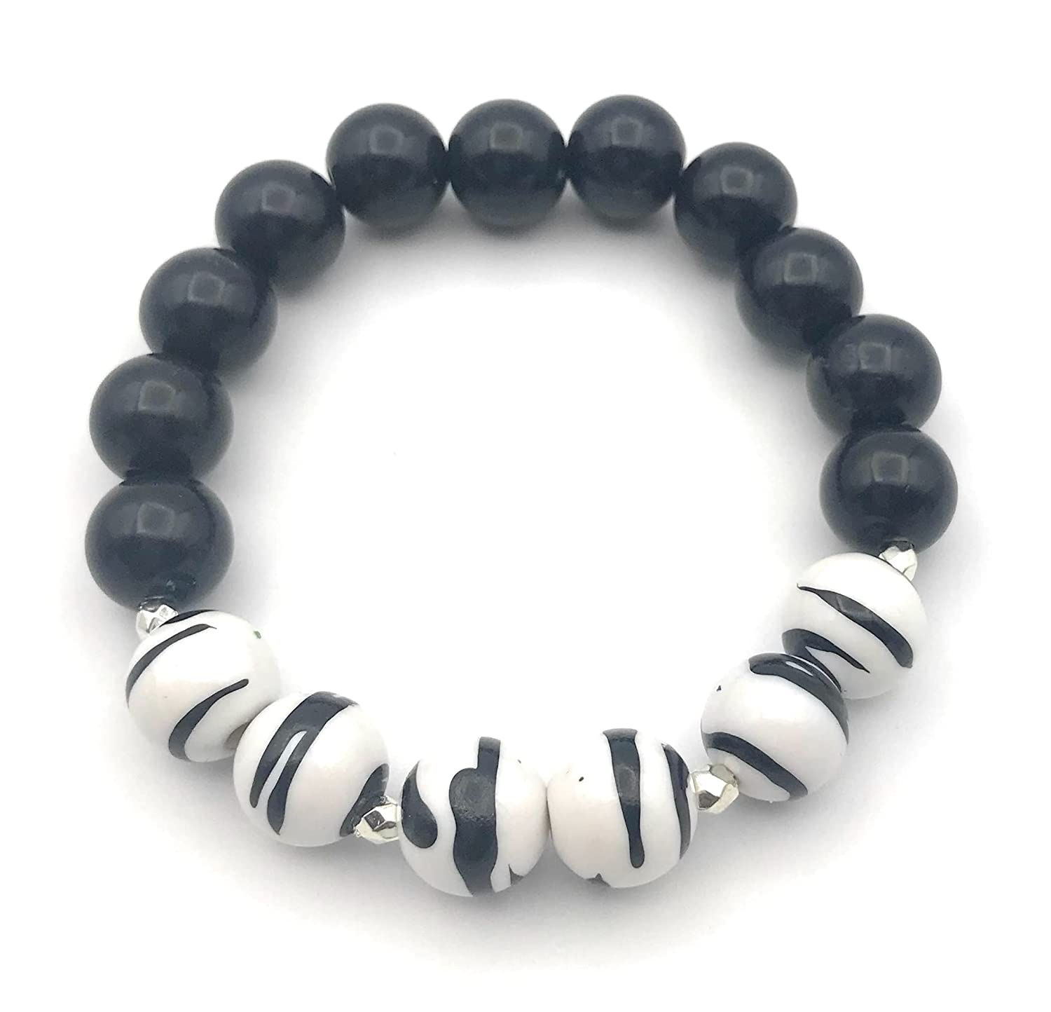 Black and White Beaded Stretch Bracelet with Silver Accents from Scott D Jewelry Designs