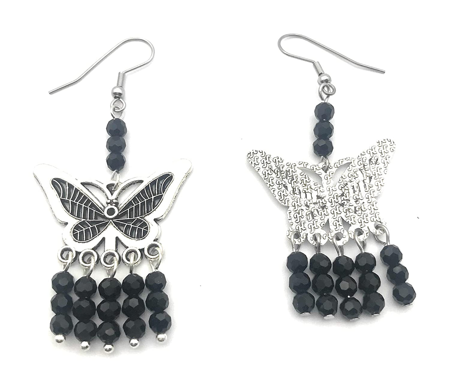 Front and Back of the Black Beaded Butterfly Chandelier Earrings at Scott D Jewelry Designs