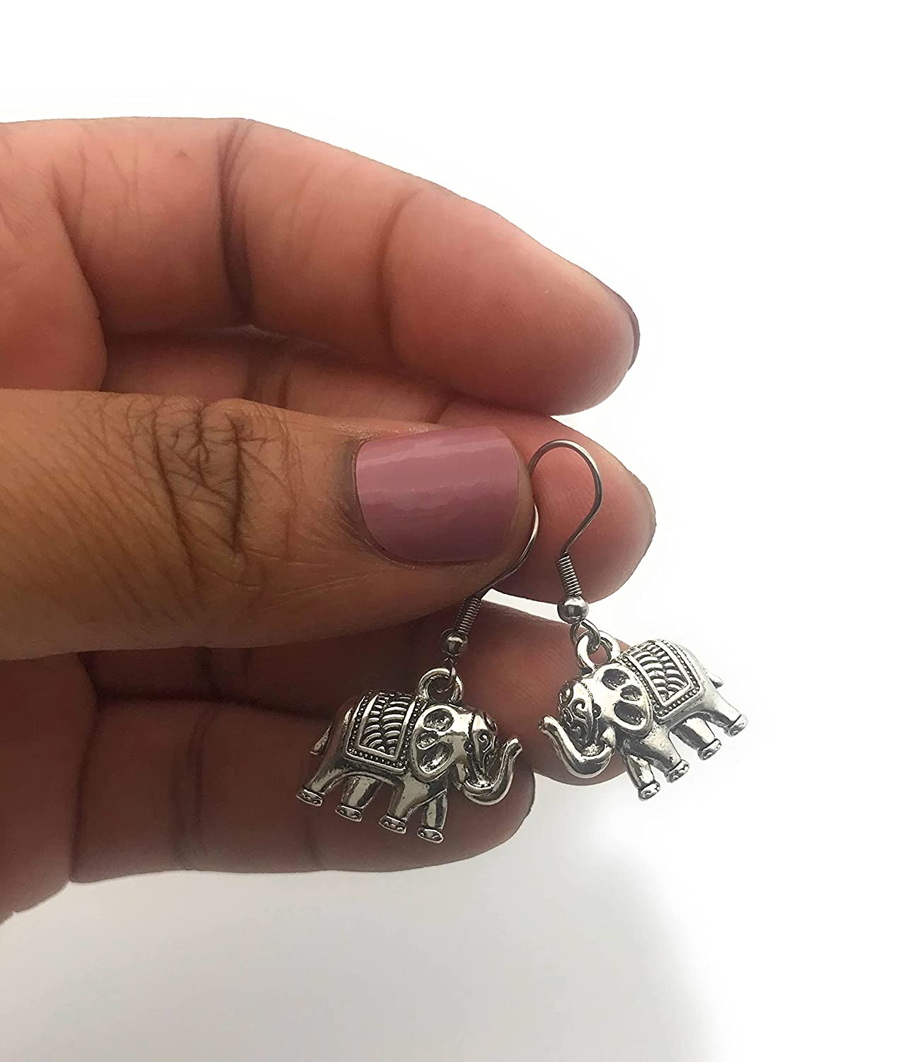 Elephant Charm Dangle Earrings Held by Tips of Fingers from Scott D Jewelry Designs