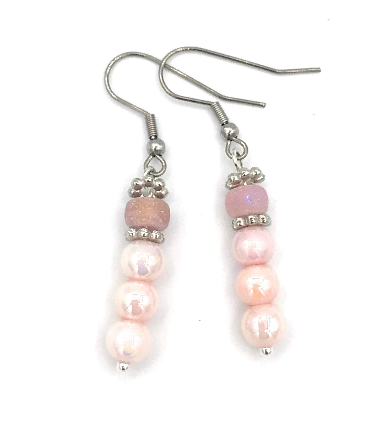 Pink Dangle Beaded Earrings Side View from Scott D Jewelry Designs