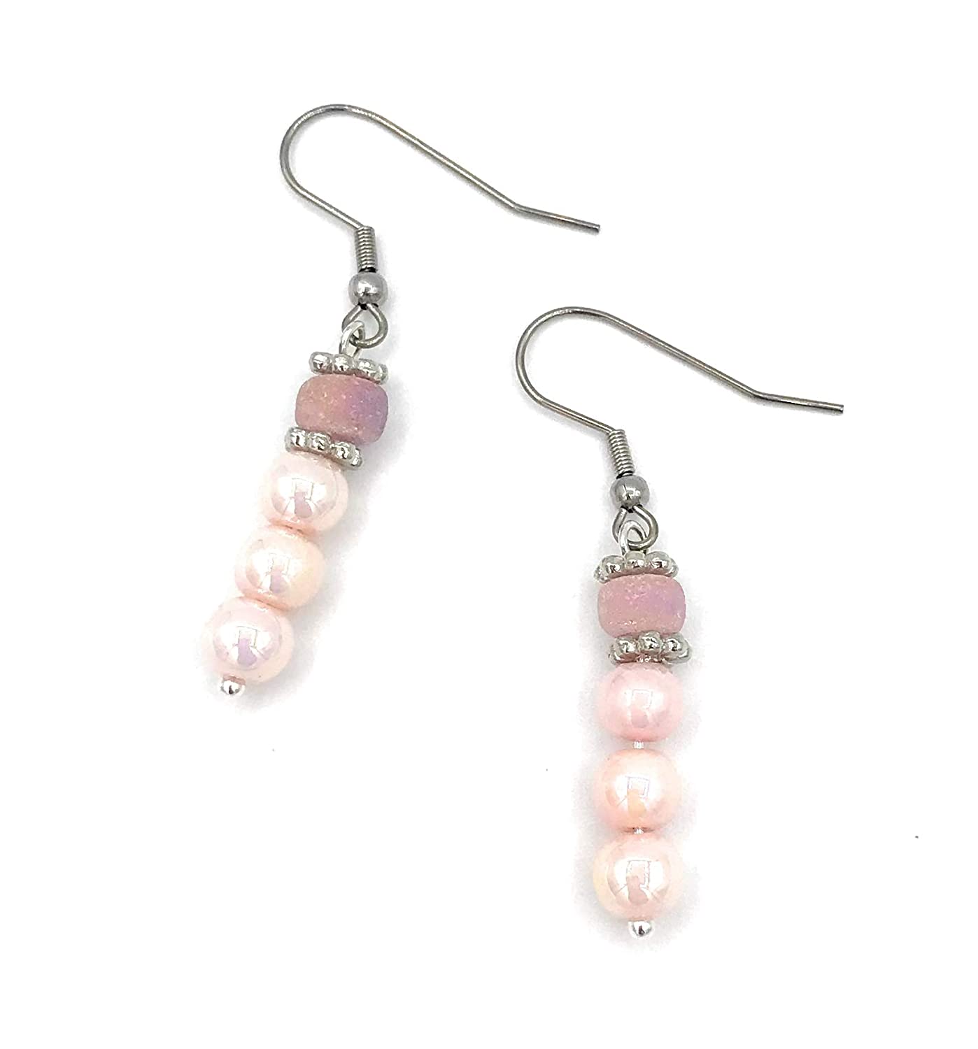 Pink Dangle Beaded Earrings Top View from Scott D Jewelry Designs