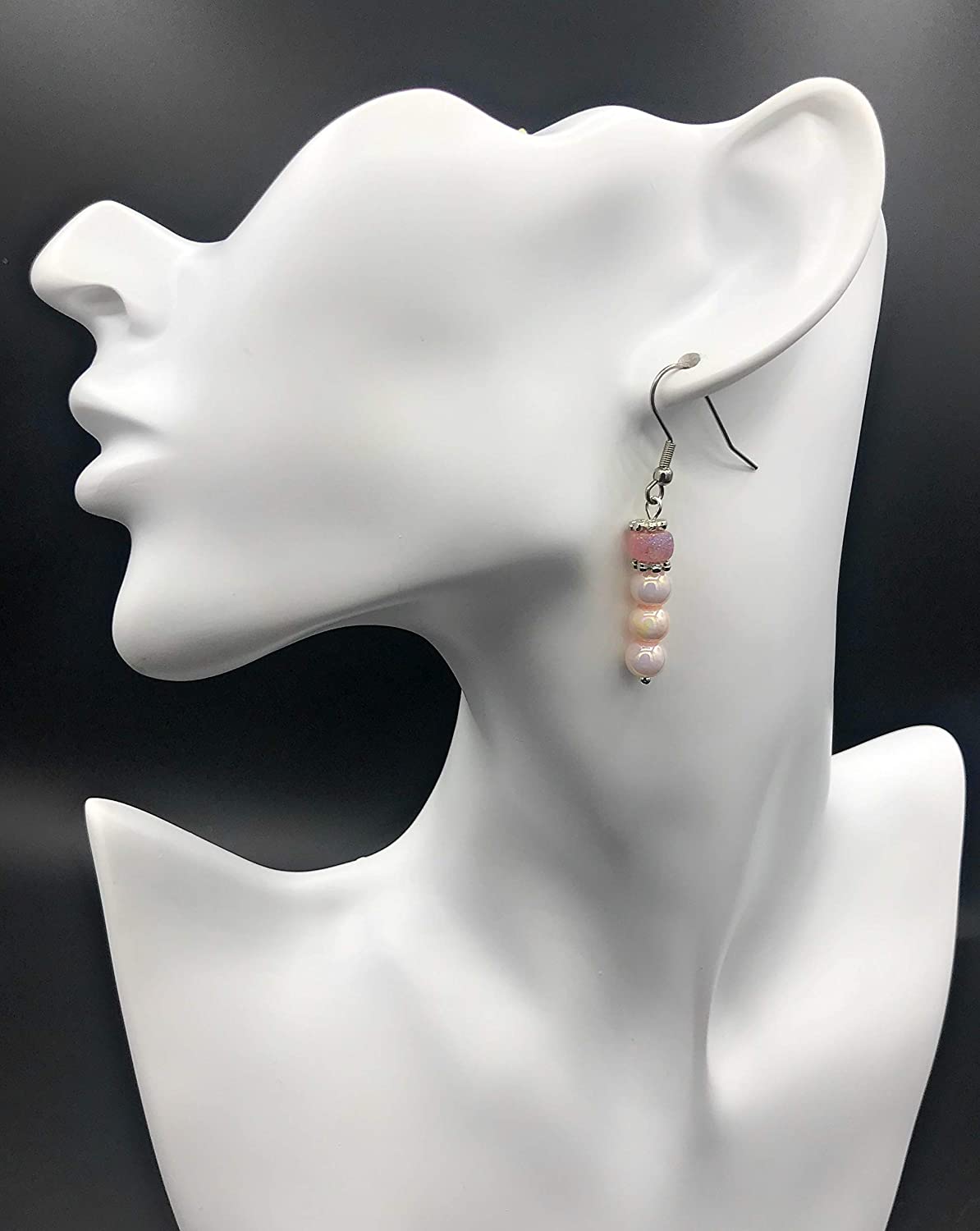 Pink Dangle Beaded Earrings on Mannequin from Scott D Jewelry Designs