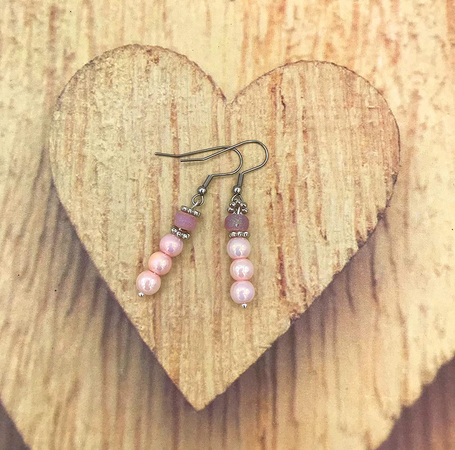 Pink Dangle Beaded Earrings on Wood Display from Scott D Jewelry Designs