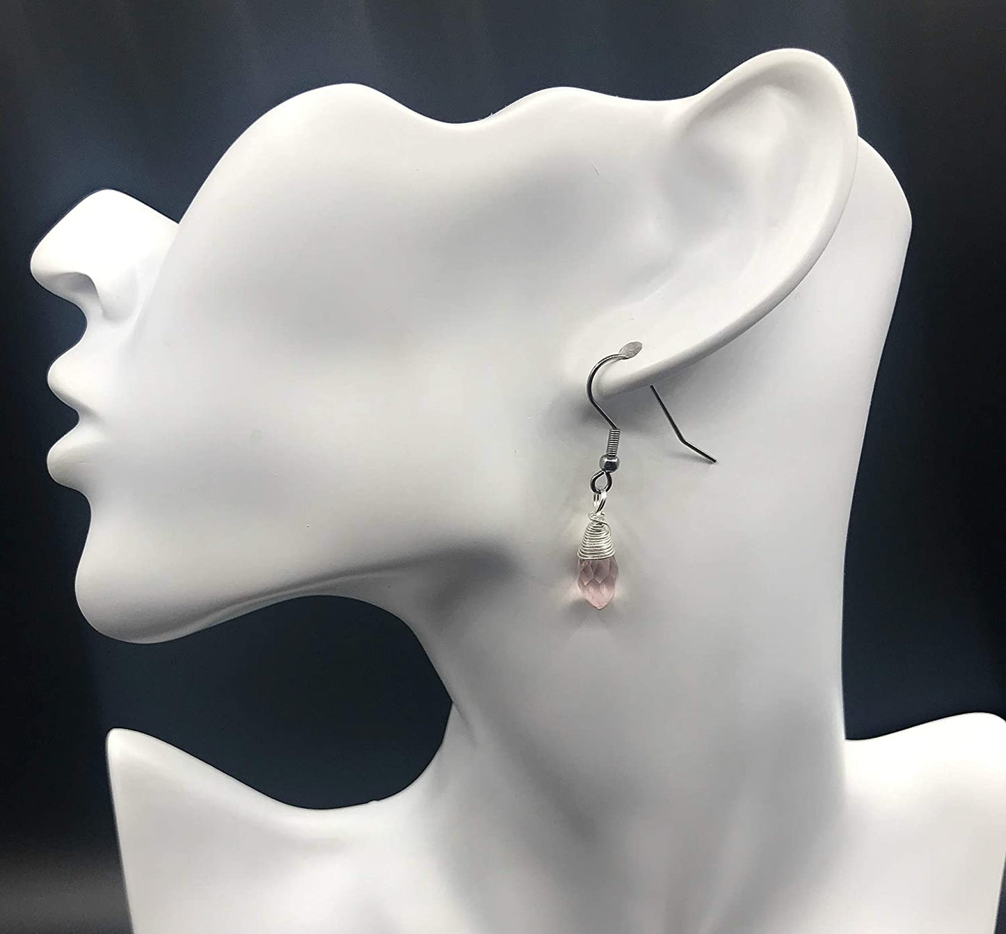 Pink Crystal Dangle Beaded Earrings On a Mannequin from Scott D Jewelry Designs
