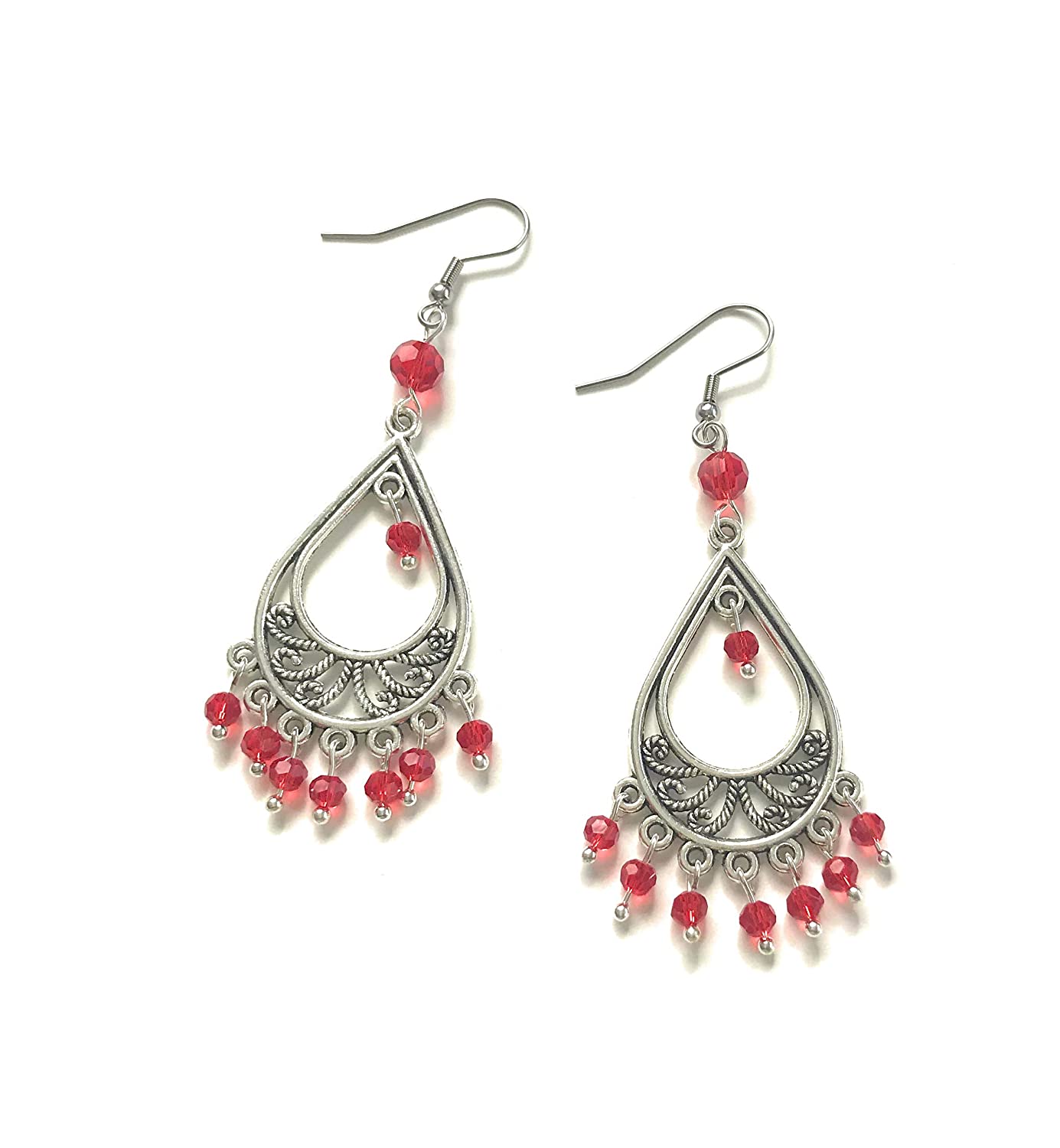 Red Beaded Chandelier Earrings Shown Side by Side from Scott D Jewelry Designs
