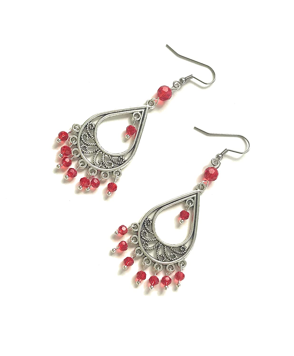 Red Beaded Chandelier Earrings Displayed Diagonally from Scott D Jewelry Designs