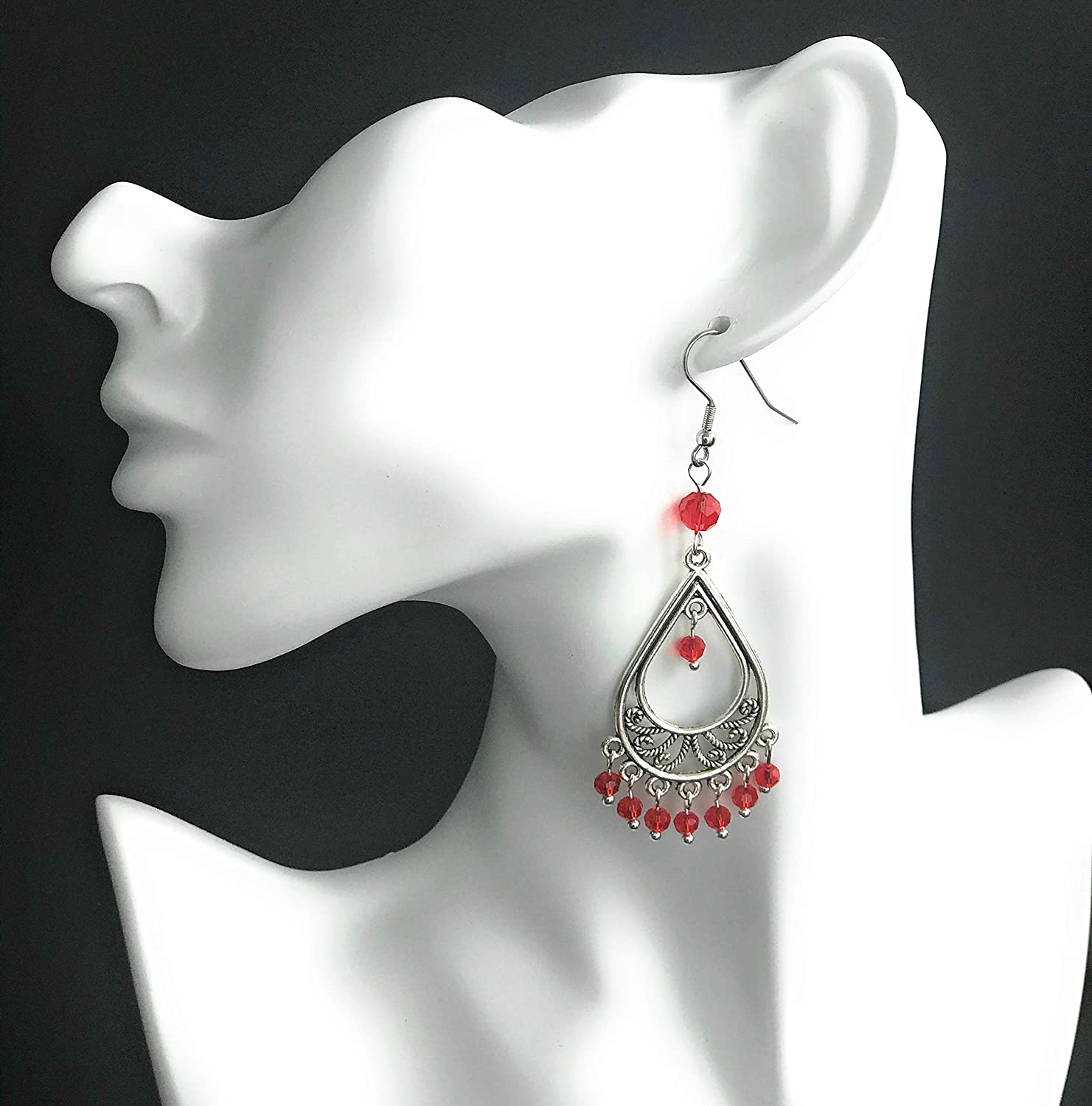 Red Beaded Chandelier Earrings on a Mannequin from Scott D Jewelry Designs