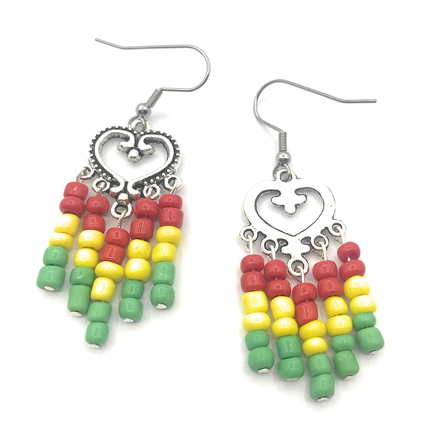 Rasta earrings in red yellow and green the front and back view from Scott D Jewelry Designs