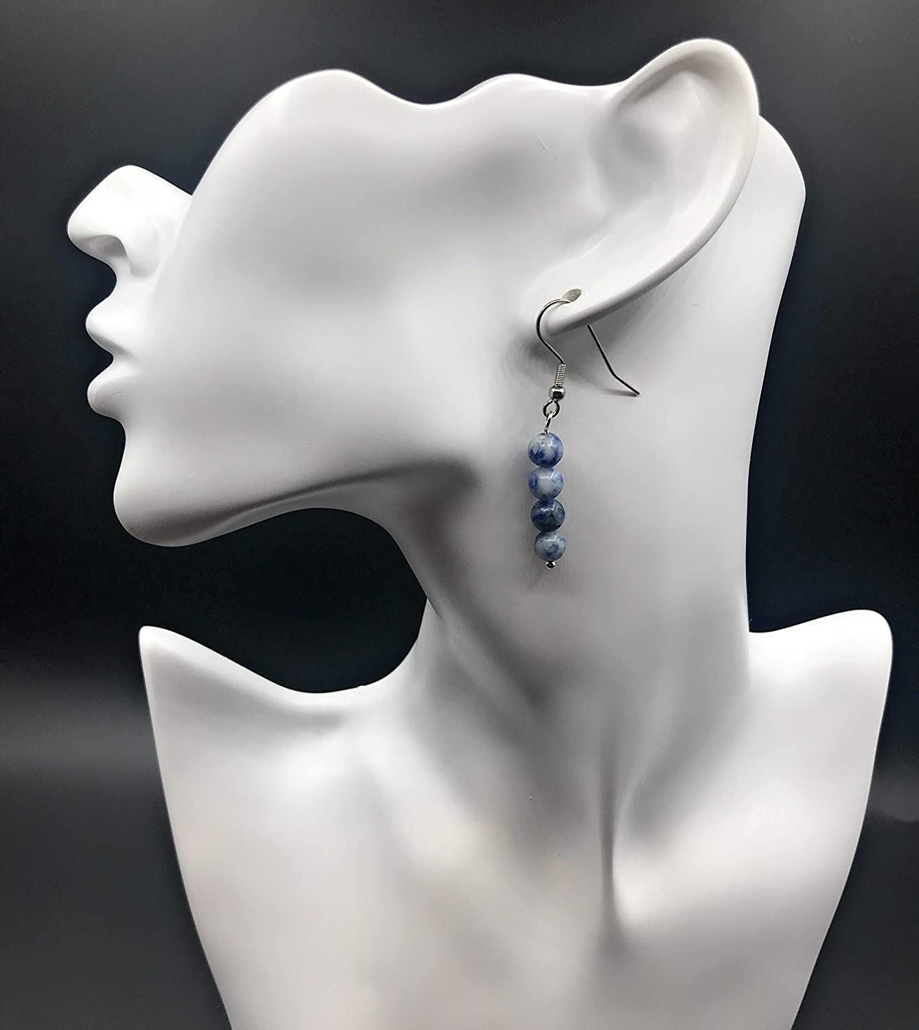 Sodalite Gemstone Beaded Dangle Earrings on a Mannequin from Scott D Jewelry Designs