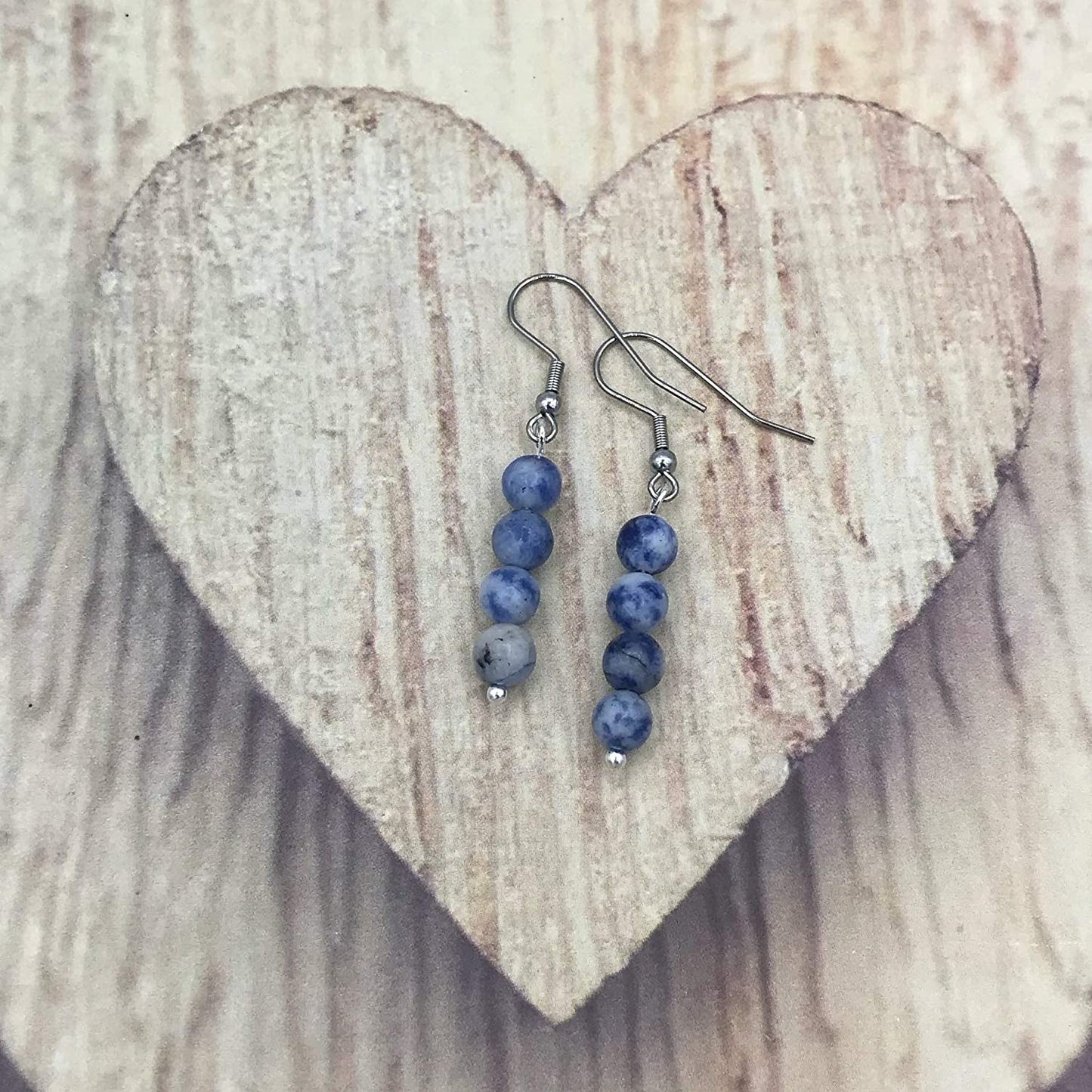 Sodalite Gemstone Beaded Dangle Earrings on Woode Display from Scott D Jewelry Designs