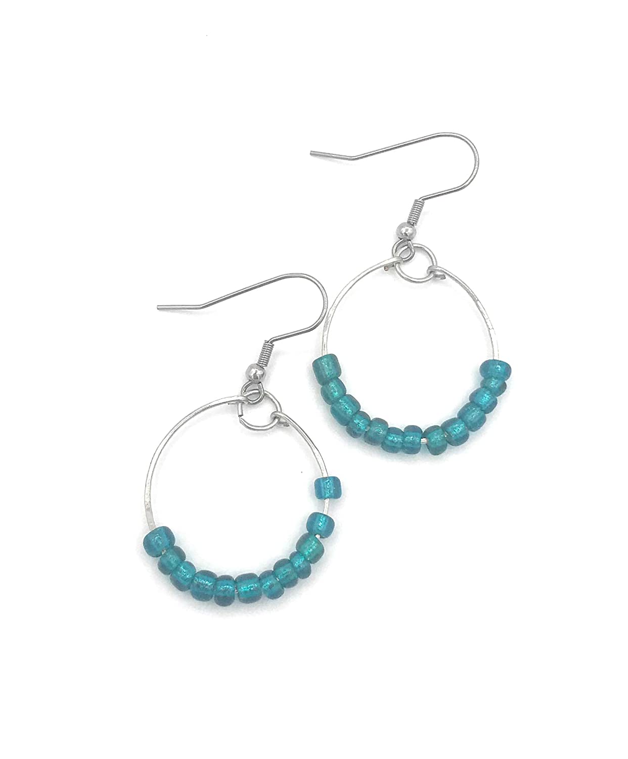 Teal Blue Beaded Hoop Earrings Side by Side View from Scott D Jewelry Designs