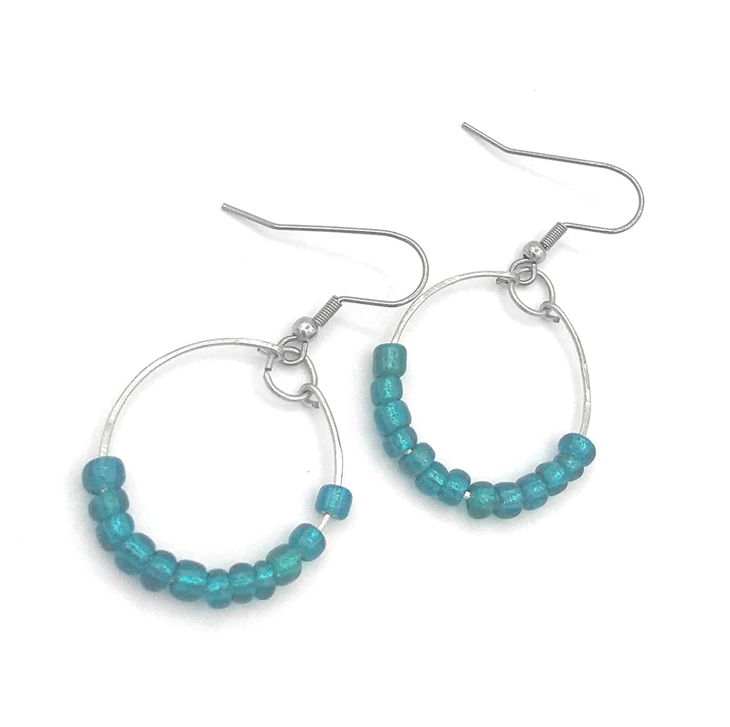 Teal Blue Beaded Hoop Earrings Diagonal View from Scott D Jewelry Designs