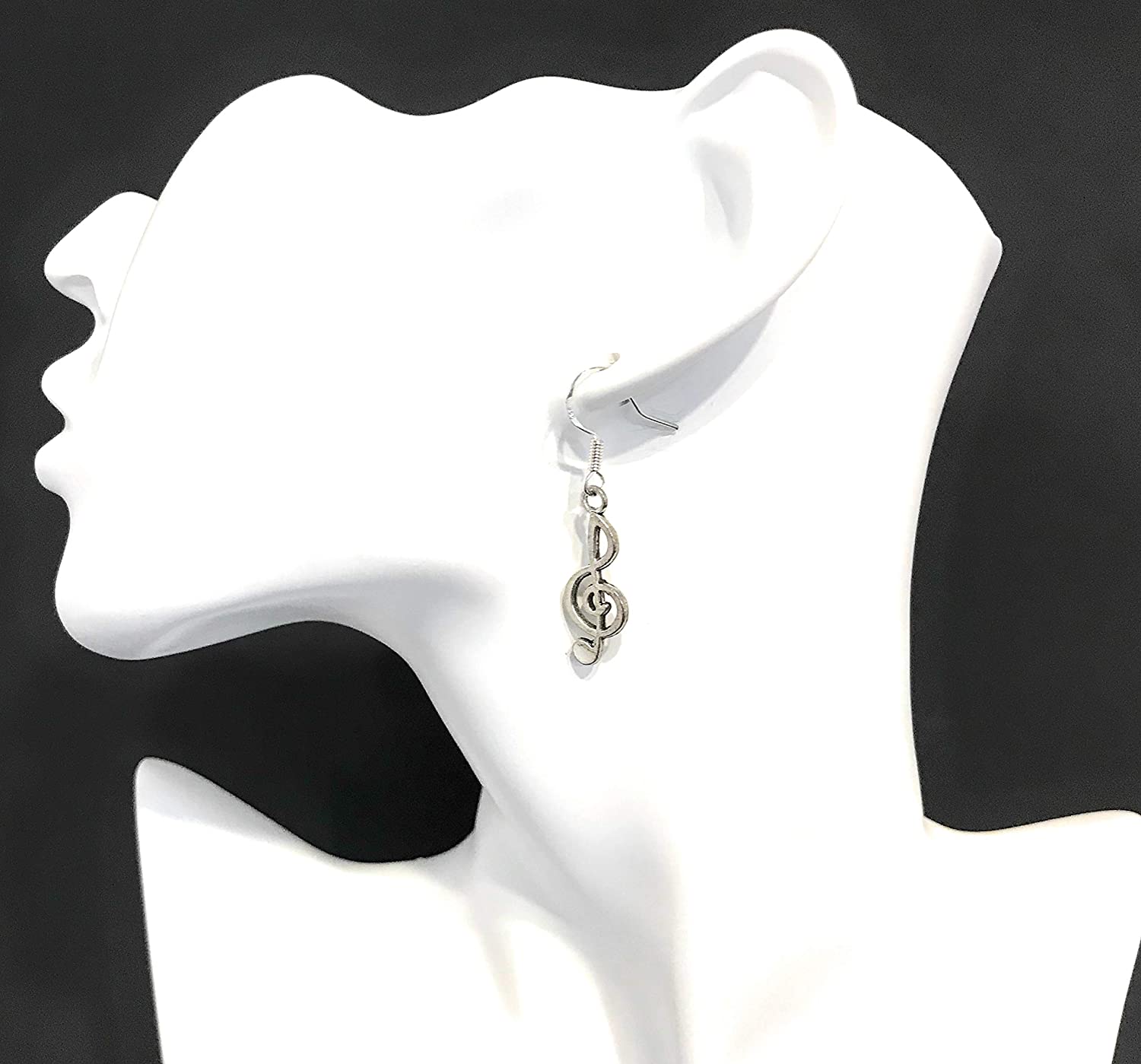 Treble C Clef Charm Dangle Earrings on Mannequin from Scott D Jewelry Designs