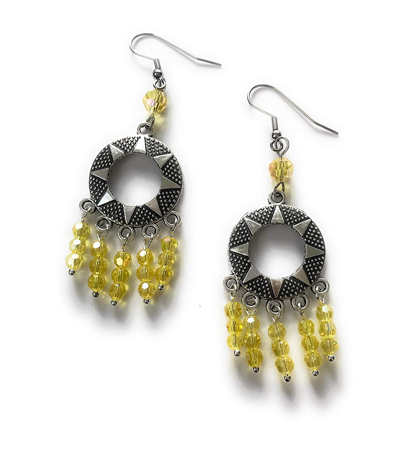 Yellow Beaded Sun Charm Chandelier Earrings Up Down View from Scott D Jewelry Designs