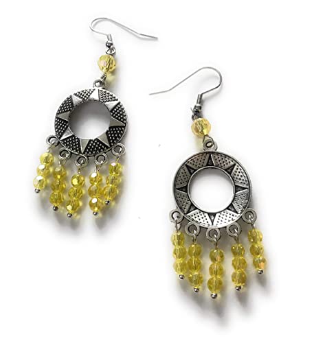 Yellow Beaded Sun Charm Chandelier Earrings Front and Back View from Scott D Jewelry Designs